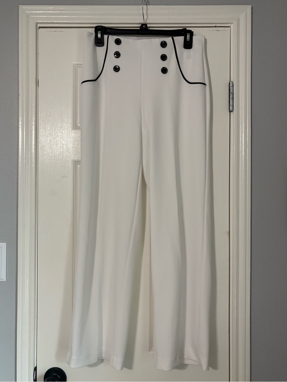 Anne Klein White Wide-Leg Sailor-Inspired Trousers with Black Trim
